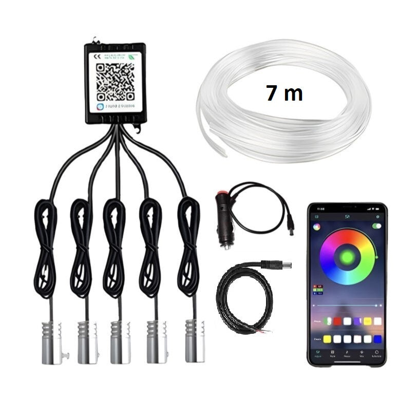 Kit lumini ambientale auto LED RGB, Zola, 7 m fibra optica, 12V, 5W, diferite moduri de iluminare, sincronizare pe muzica, 5 surse de lumina, 3 x 2 m, 2 x 4 m, conectare bluetooth si aplicatie Kit lumini ambientale auto LED RGB, Zola, 7 m fibra optica, 12V, 5W, diferite moduri de iluminare, sincronizare pe muzica, 5 surse de lumina, 3 x 2 m, 2 x 4 m, conectare bluetooth si aplicatie